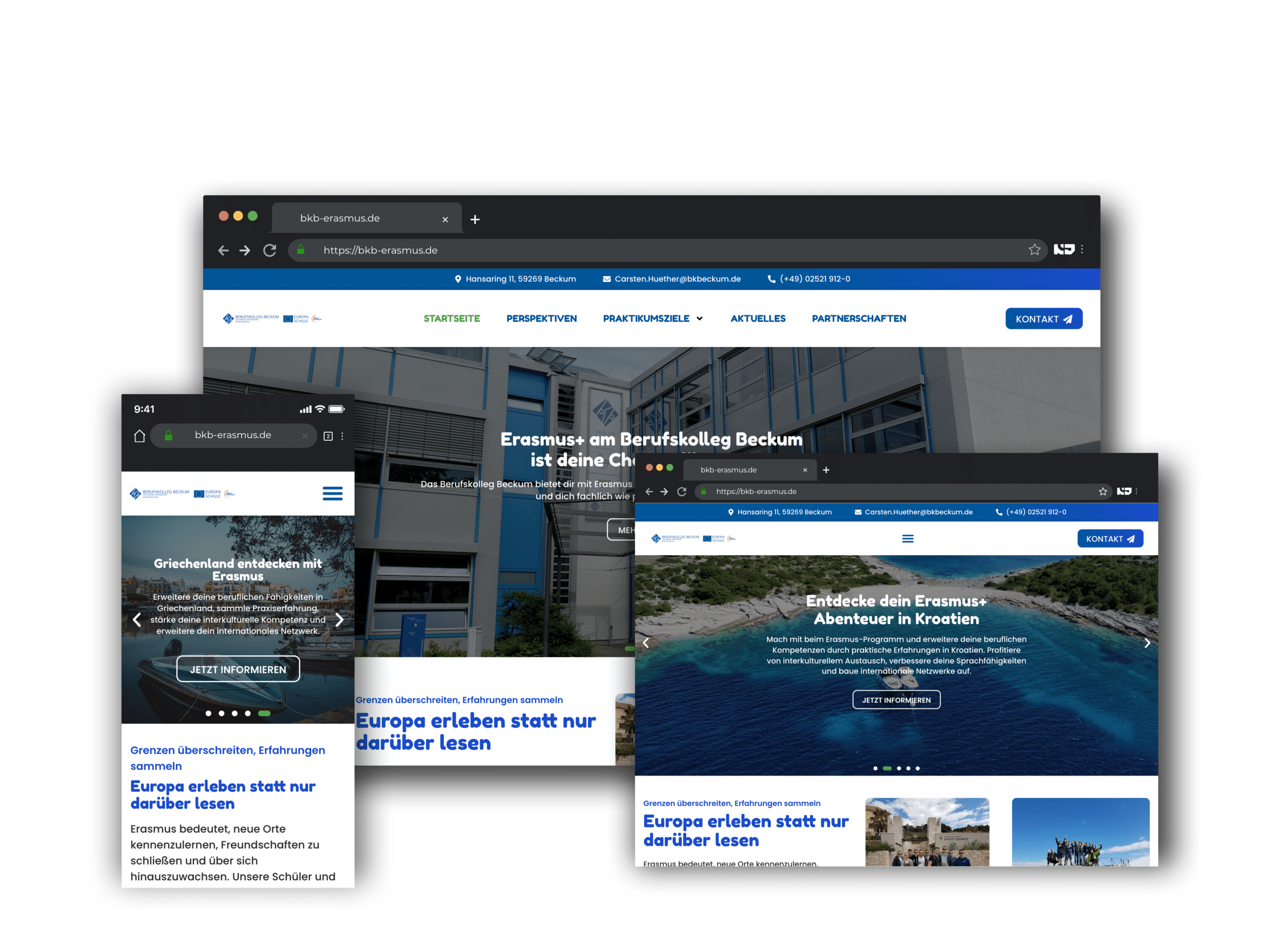 Website des Erasmus+ Programms am Berufskolleg Beckum auf verschiedenen Geräten