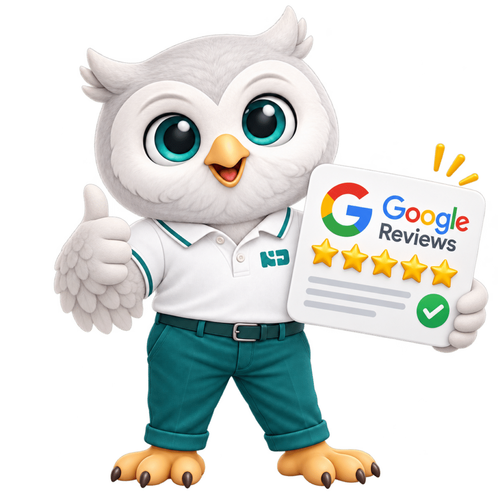 NetzDevs Eule mit Google Bewertungen als Symbol für lokale Sichtbarkeit und SEO