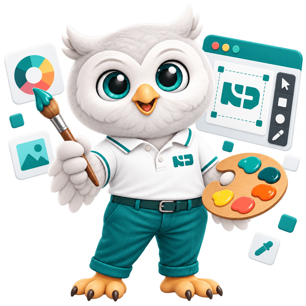 NetzDevs Eule mit Pinsel und Farbpalette: individuelles Webdesign